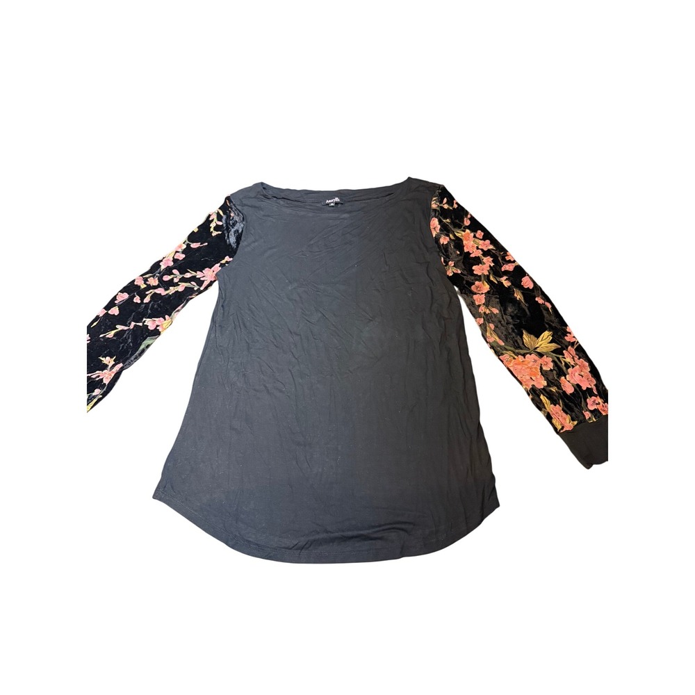 Black Long Sleeve Tunic Top  Floral‎ Print XL Amaryllis  velvet sleeves